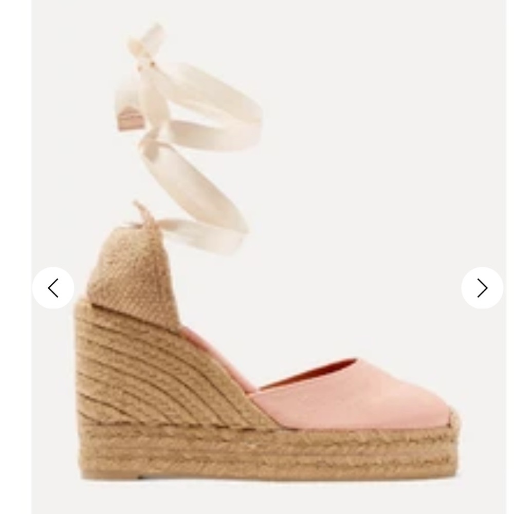 Castaner Pink Canvas Espadrille Wedge with Jute Platform and Cream Ankle Ties